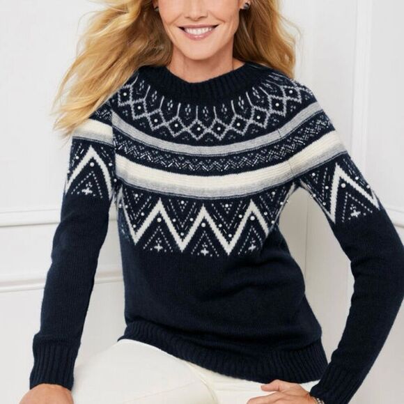 Talbots Women’s Embroidered Yoke Boatneck Pullover Fair Isle size Small NEW - Picture 1 of 7